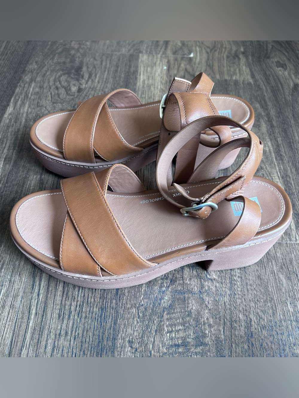 FitFlop Pilar Crossover Brown Leather Ankle Strap Platform Sandals 9 - Picture 6 of 6
